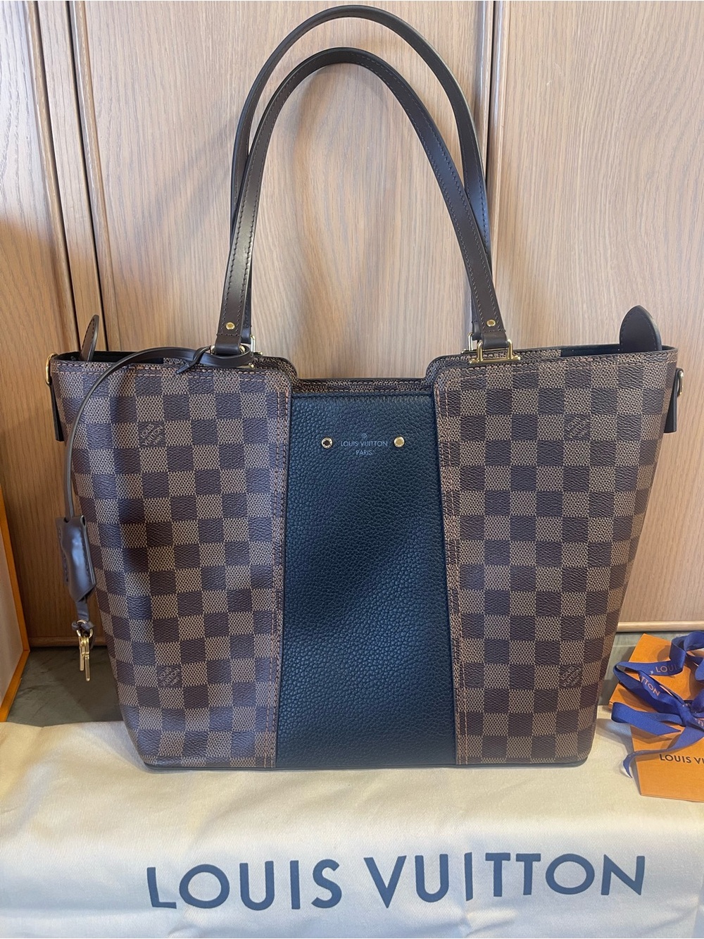 Louis Vuitton Jersey Tote Damier Ebene Black Leather Crossbody Full Set